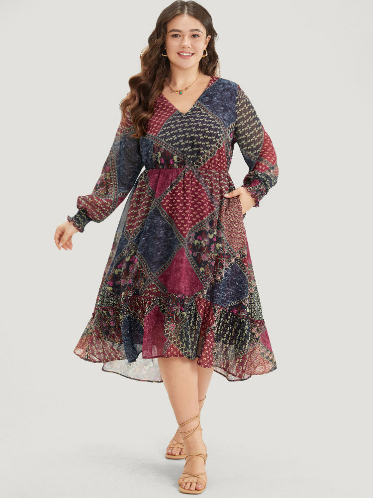 Bandana Print Shirred Flutter Hem Dress