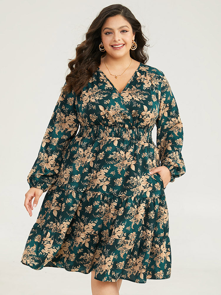 Silhouette Floral Print Surplice Neck Shirred Dress