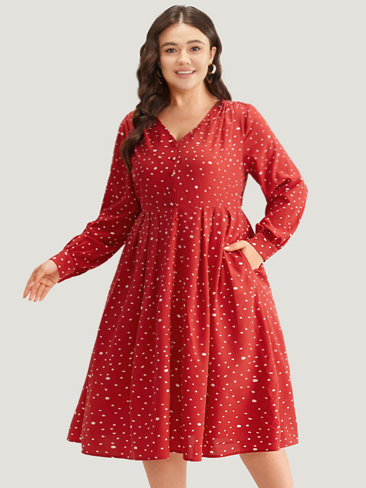 Polka Dot Button Detail Pleated Dress