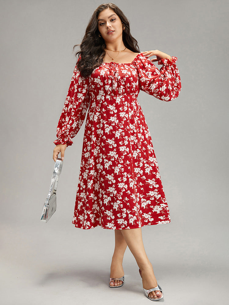 Silhouette Floral Print Ties Lantern Sleeve Dress