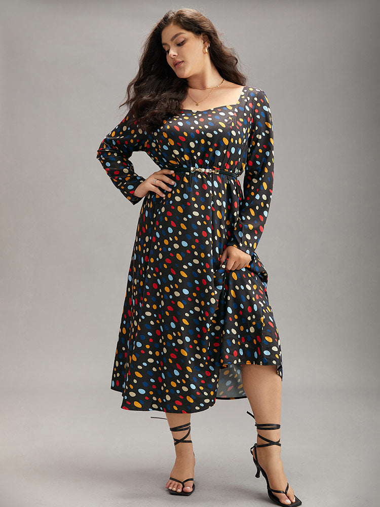 Contrast Polka Dot Pocket Long Sleeve Dress