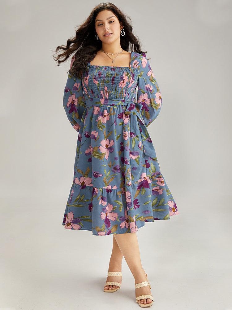 Floral Print Puff Sleeve Belted Shirred Dress