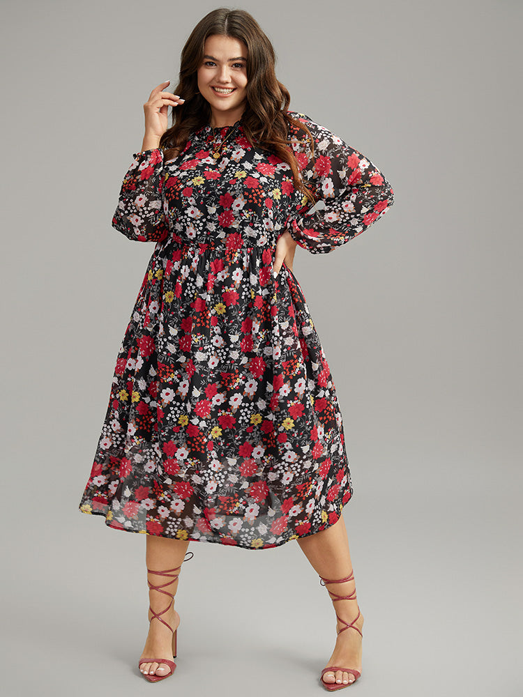 Chiffon Floral Print Shirred Elastic Cuffs Dress