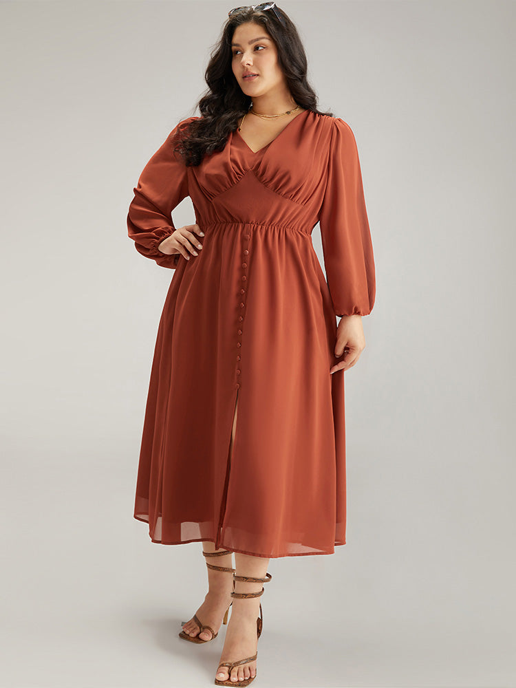 Chiffon Plain Split Hem Button Detail Dress