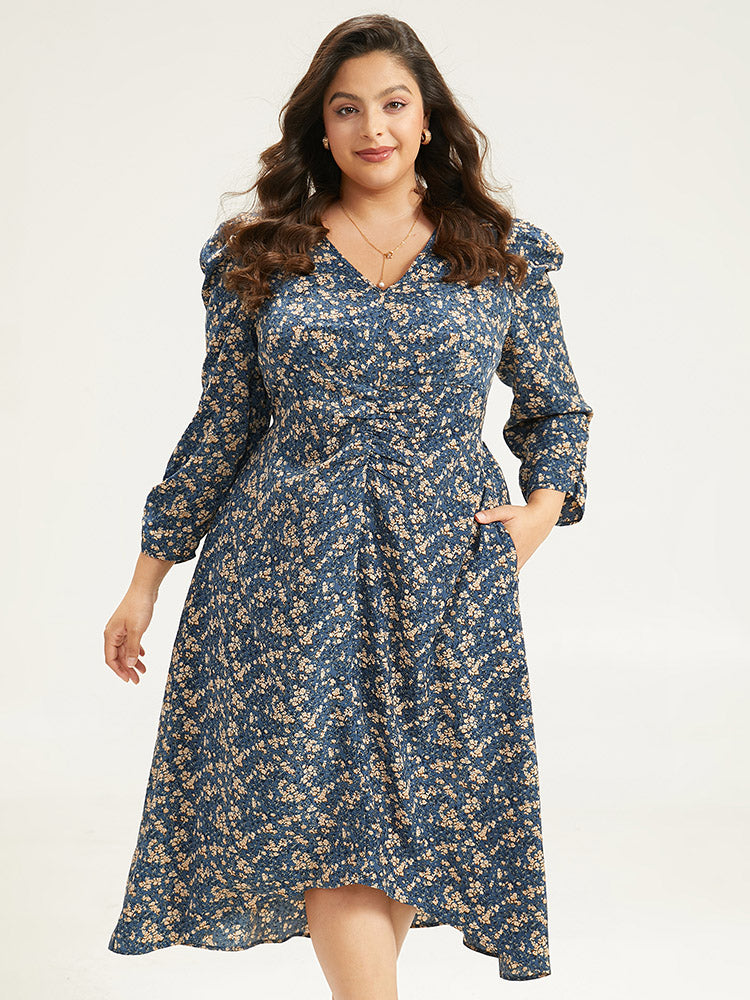 Ditsy Floral Ruched Puff Sleeve Dress