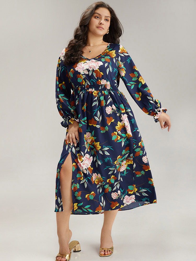 Floral Print Split Side Ruffle Trim Dress