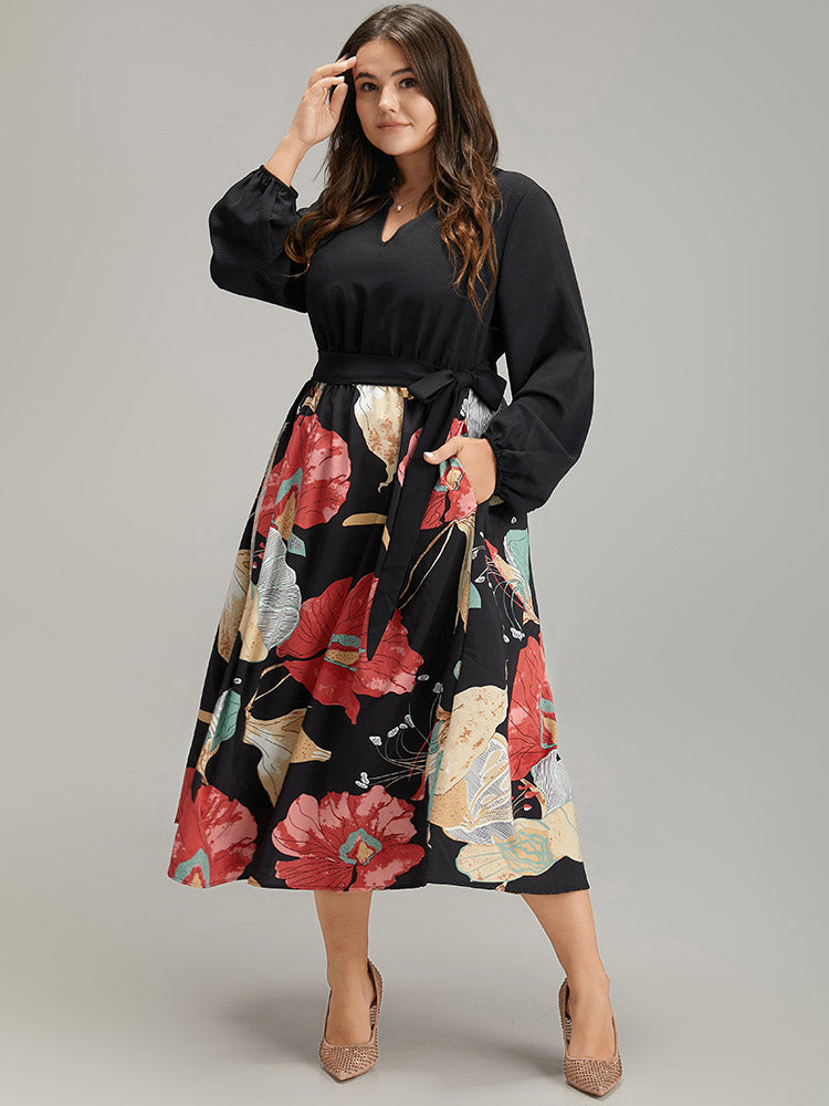 Floral Print Patchwork Notched Belted Dress