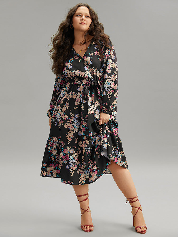 Floral Print Overlap Collar Elastic Cuffs Dress