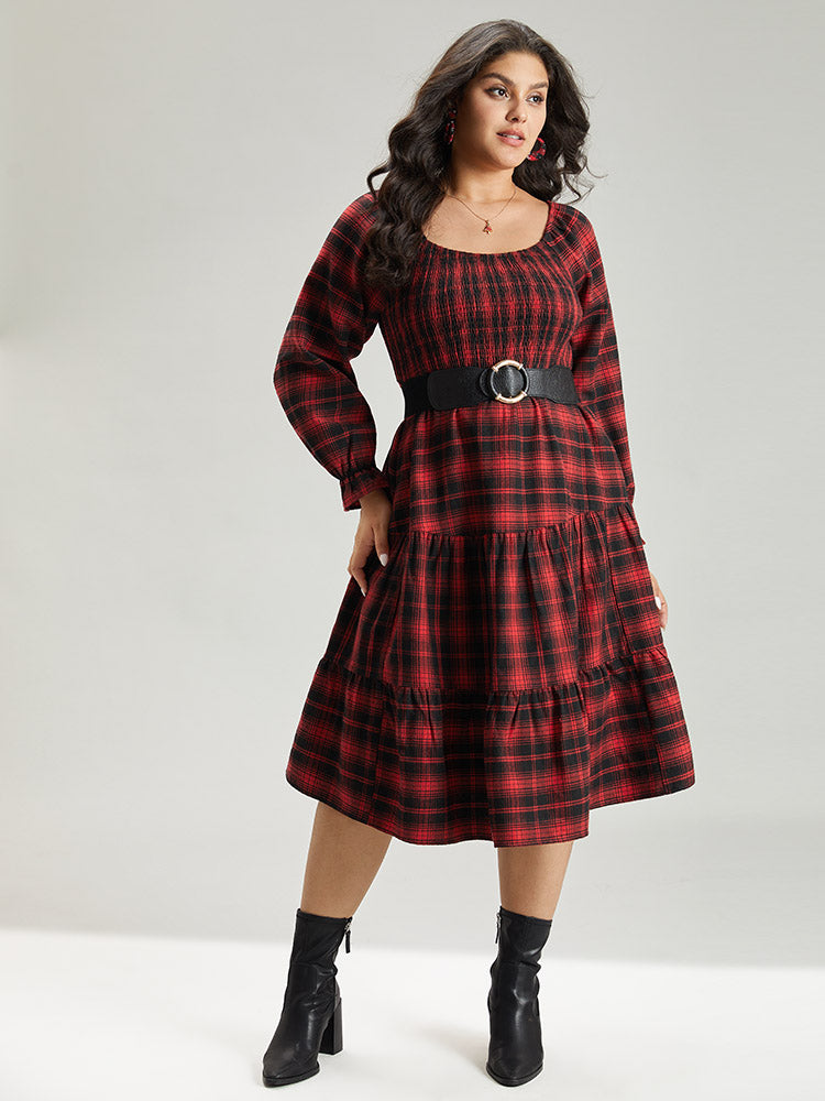 Plaid Shirred Pocket Ruffle Trim Midi Dress