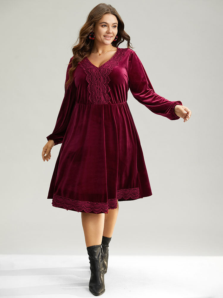 Velvet Lace Panel Elastic Cuffs Dress