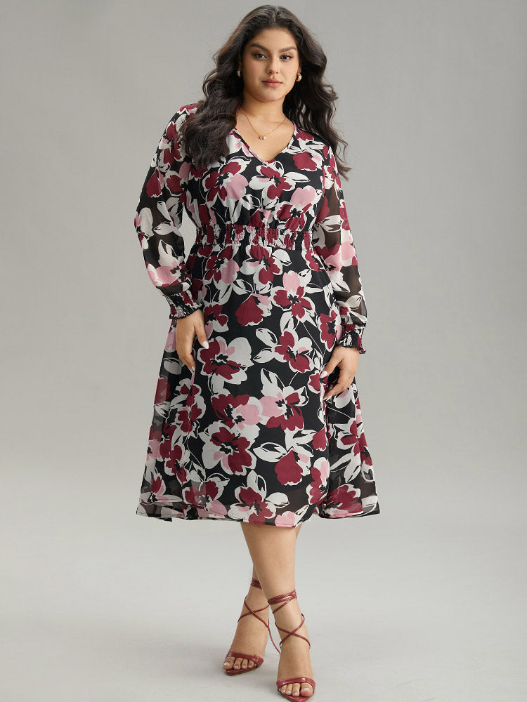 Floral Print Chiffon Shirred Elastic Cuffs Dress