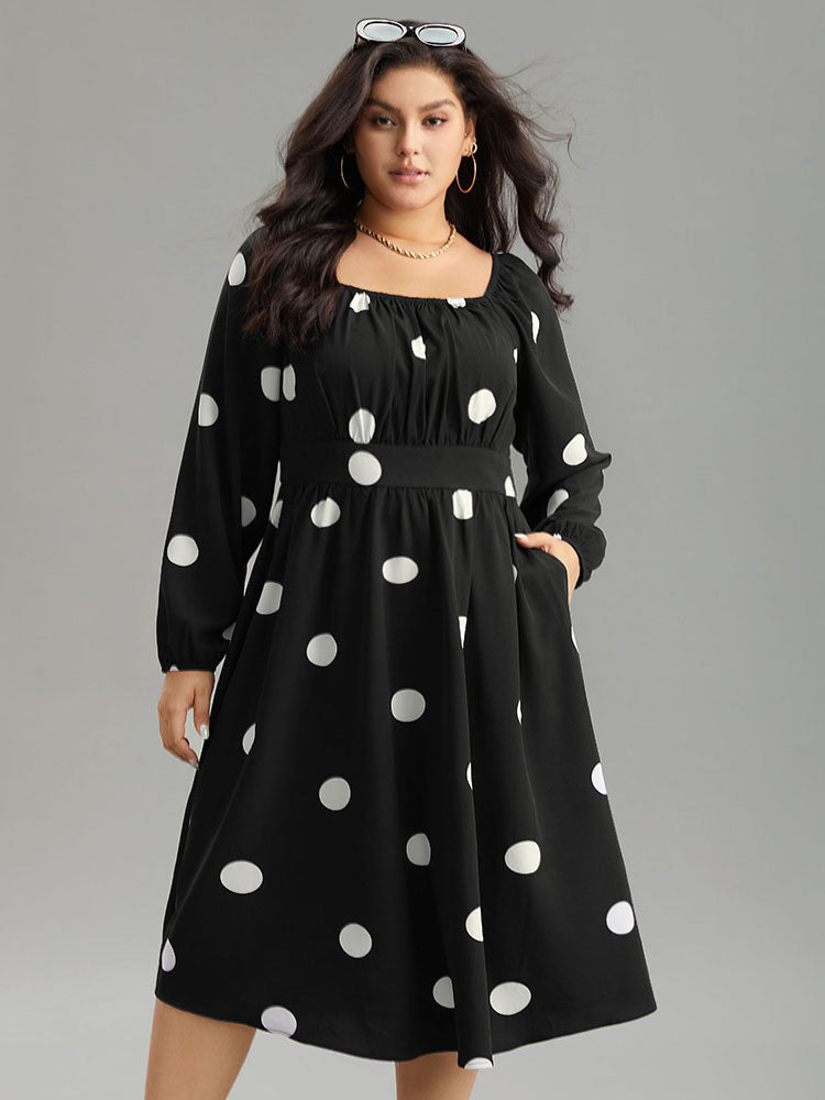 Polka Dot Square Neck Gathered Elastic Cuffs Dress