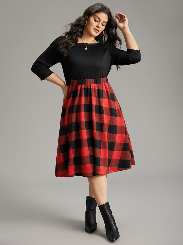 Plaid Pocket Boat Neck Patchwork Dress