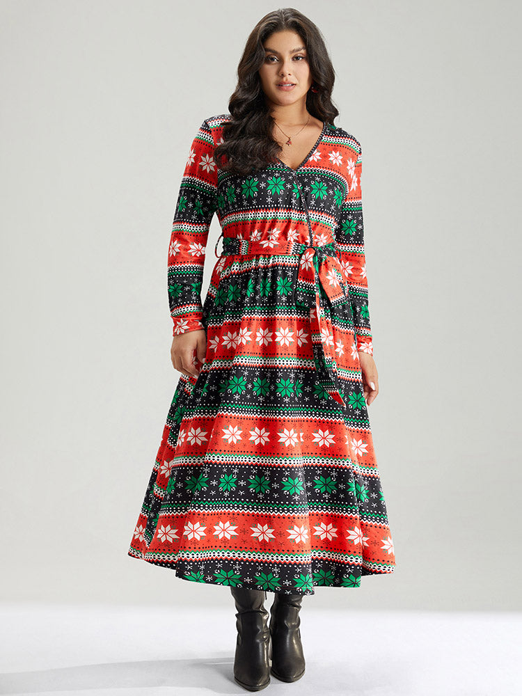 Snowflake Print Contrast Belted Surplice Neck Dress