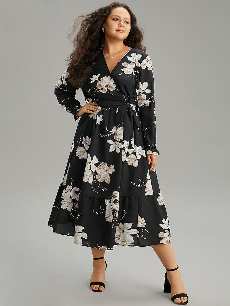 Floral Print Flutter Sleeve Belted Surplice Neck Dress