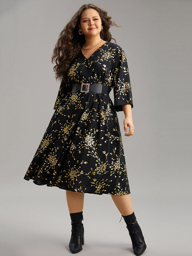 Floral Glitter Pocket Gathered Detail Dress