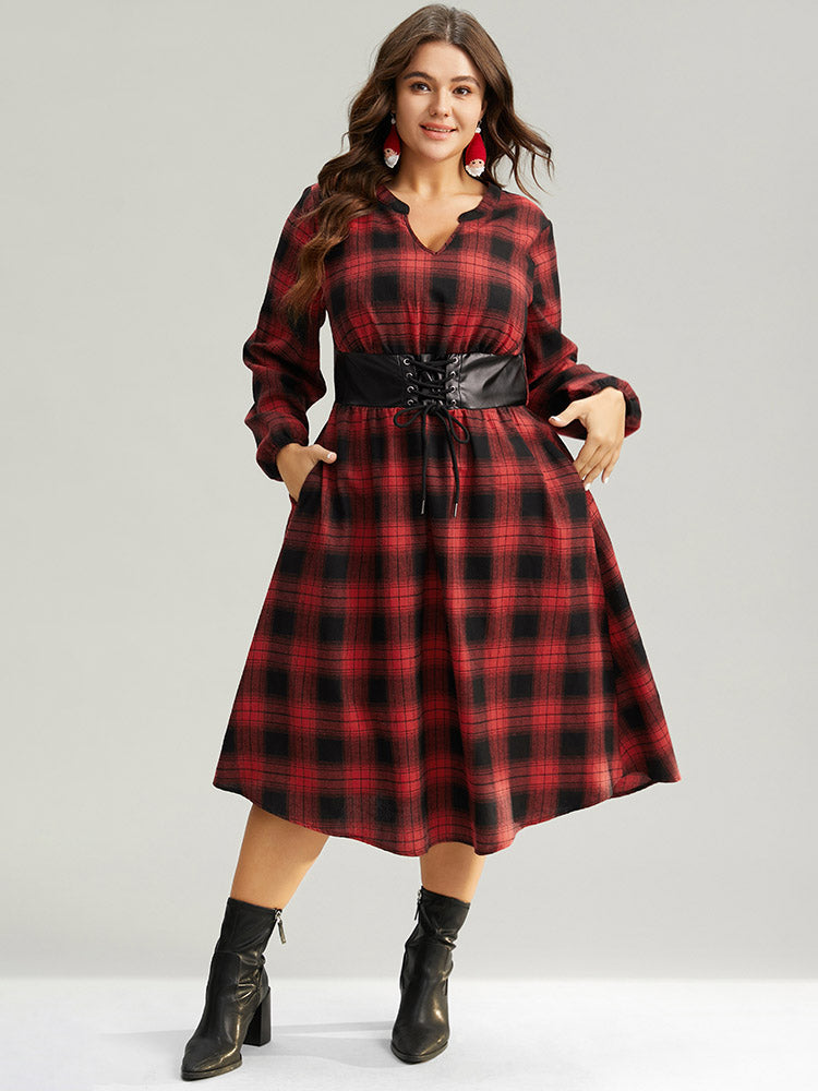 Plaid Lace Up PU Leather Notched Dress