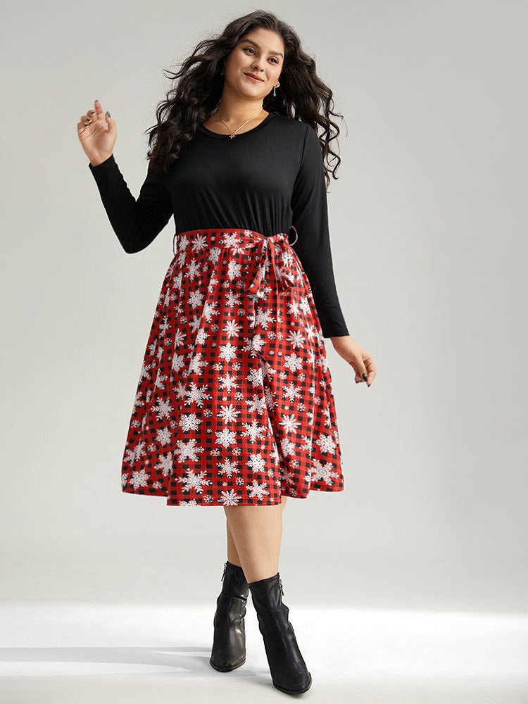 Snowflake Print Belted Long Sleeve Dress