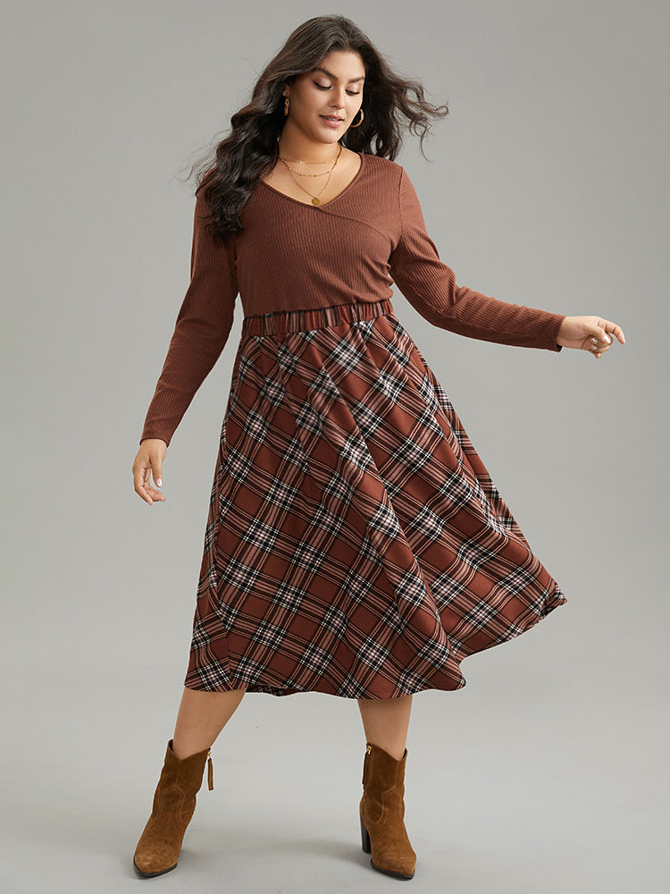 Plaid Elastic Waist Patchwork Rib Knit Dress