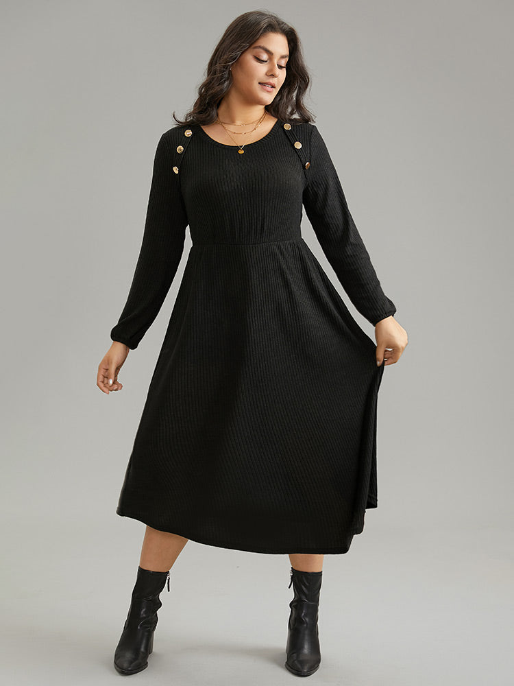 Solid Rib Knit Button Detail Elastic Waist Dress