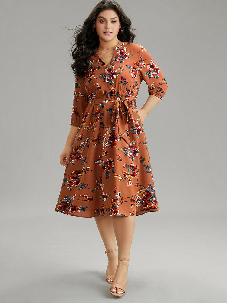 Floral Notched Belted Elastic Waist Dress