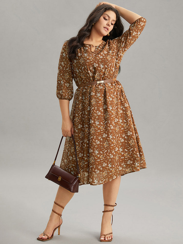 Ditsy Floral Cut Out Elastic Cuffs Dress