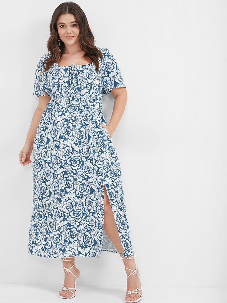 Floral Pocket Split Ties Square Neck Midi Dress