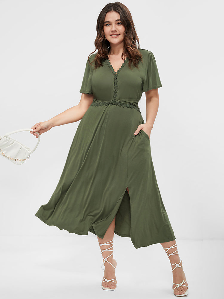 Solid Ruffled Pocket Split Lace Modal Midi Dress