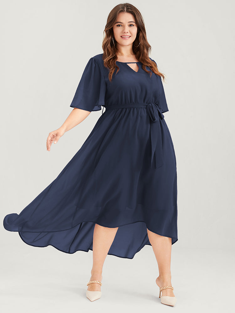 Solid Keyhole Neck Ruffle Asymmetrical Hem Belted Maxi Dress