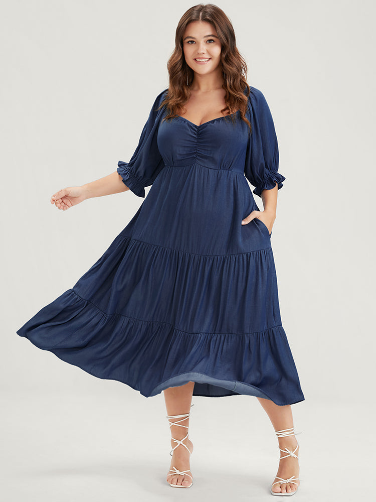 Solid Gathered Pocket Puff Sleeve Ruffle Tiered Midi Dress