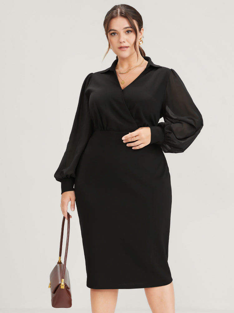 Solid Mesh Lantern Sleeve Button Wrap Knee Dress