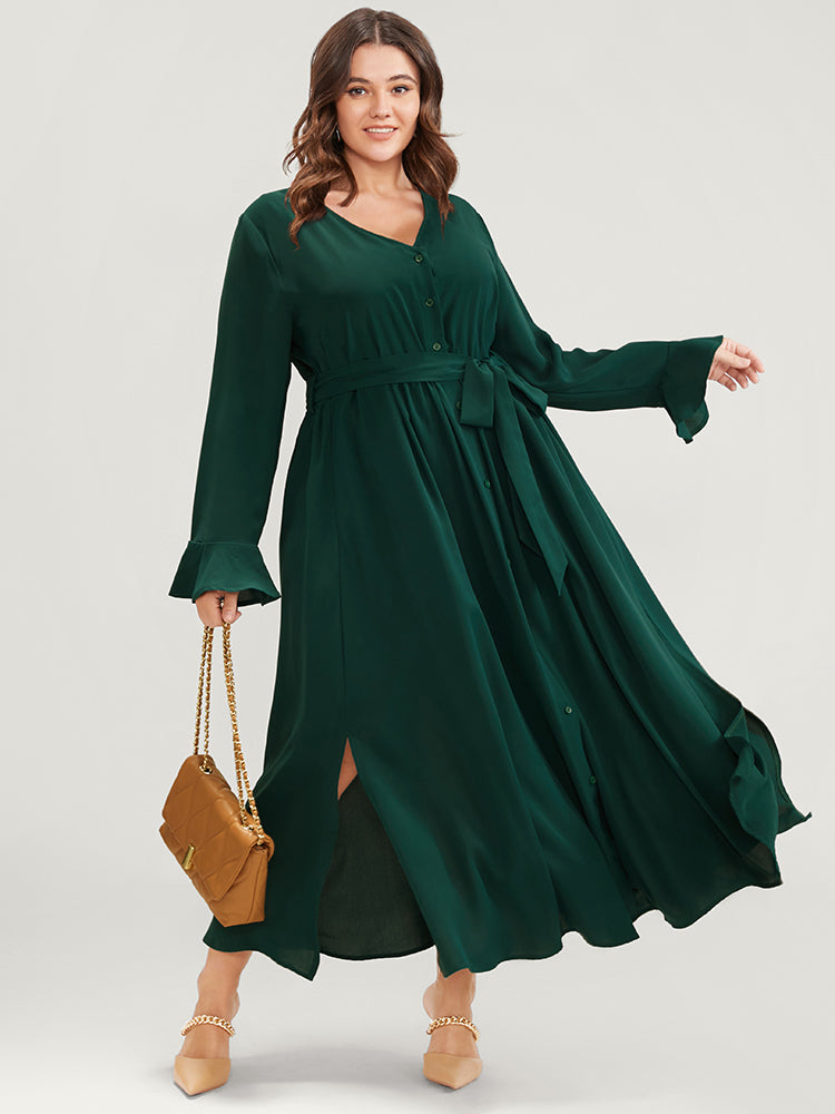 Solid V Neck Ruffled Button Detail Belted Split Maxi Dress