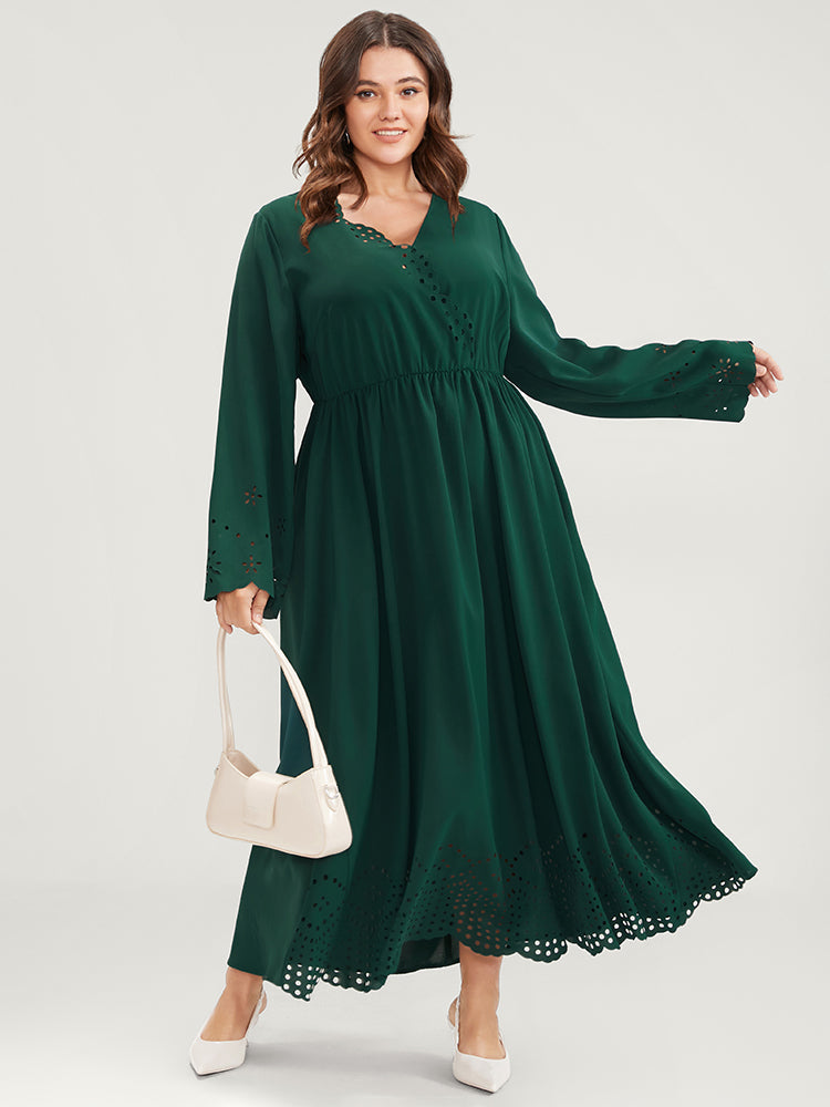 Solid Bell Sleeve Wrap Laser Cut Flutter Hem Maxi Dress