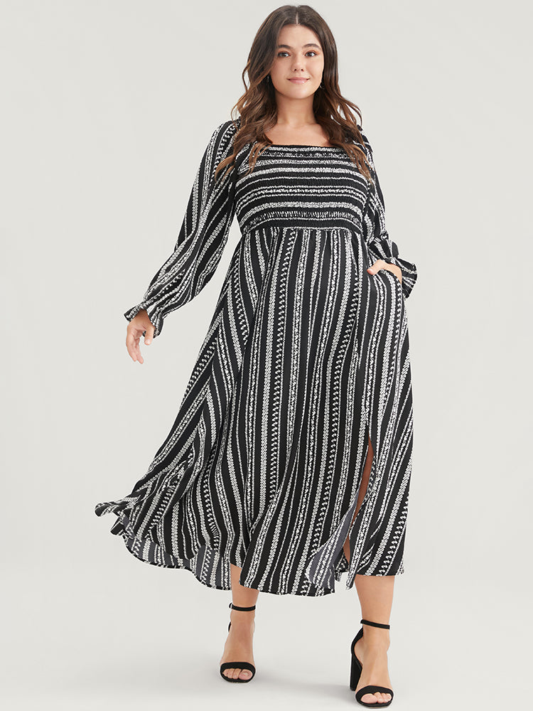 Striped Square Neck Lantern Sleeve Pocket Shirred Split Dress