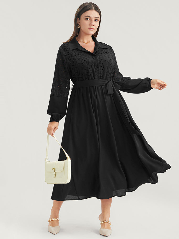 Solid Pocket Button Detail Eyelet Lace Belted Dress