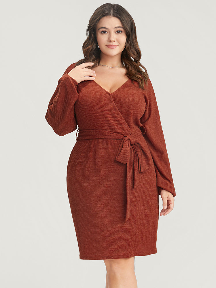 Solid Surplice Neck Belted Knit Dress