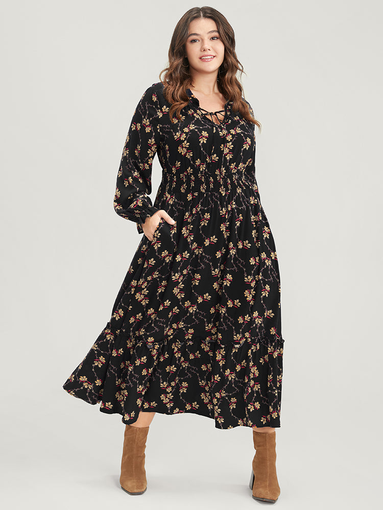 Floral Lantern Sleeve Pocket Tie Neck Shirred Midi Dress