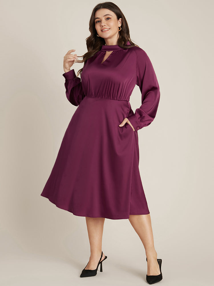 Solid Pocket Keyhole Mock Neck Satin Midi Dress