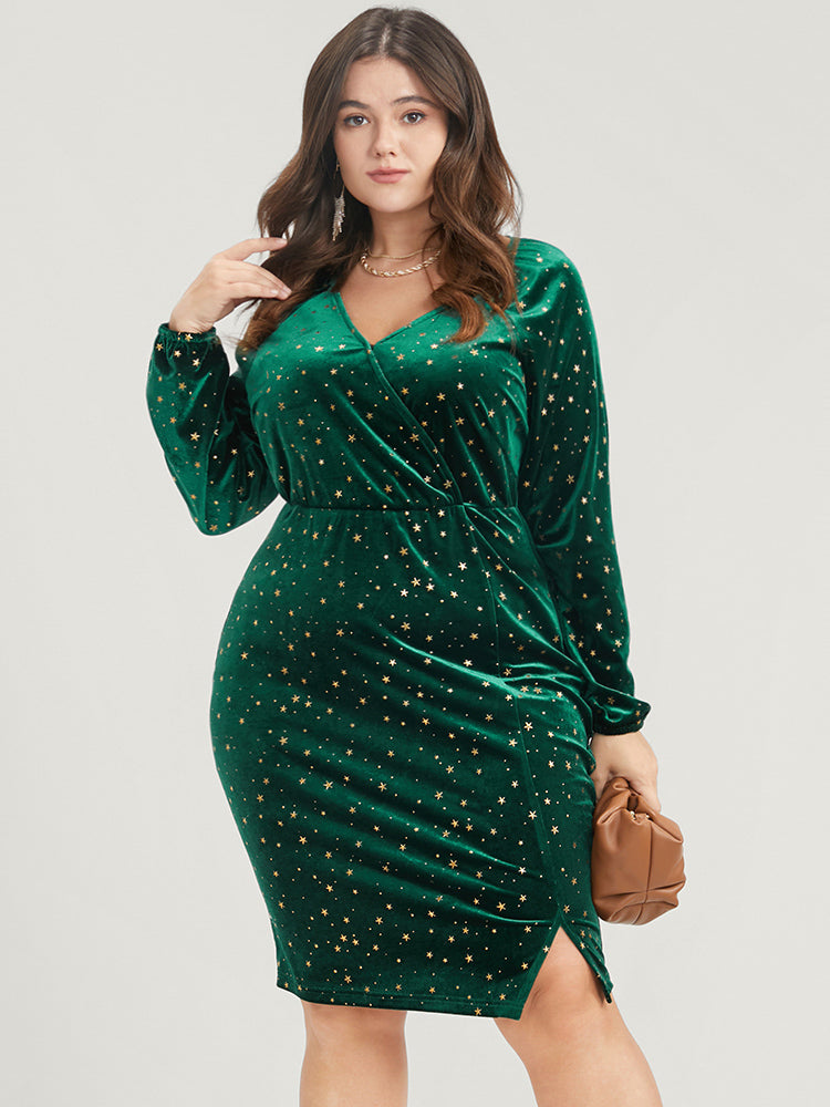 Star Print Wrap Lantern Sleeve Split Velvet Knee Dress