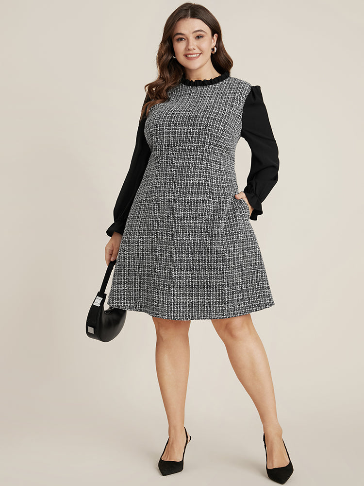 Plaid Patchwork Frill Trim Mock Neck Tweed Dress