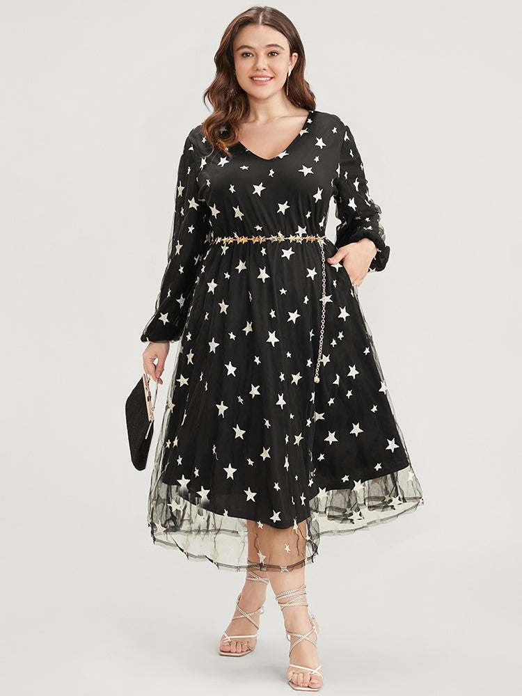 Star Embroidered Mesh Pocket Lantern Sleeve Midi Dress