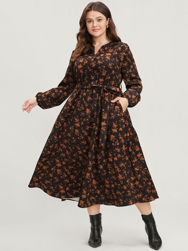 Ditsy Floral Pocket Belted Lantern Sleeve Midi Dress