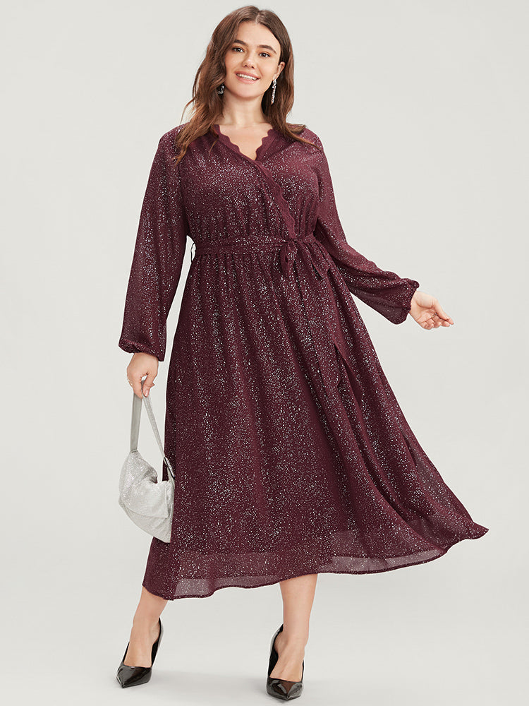 Polka Dot Wrap Lace Trim Lantern Sleeve Pocket Belted Dress