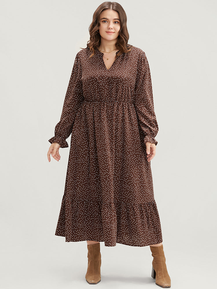 Polka Dot Pocket Lantern Sleeve Flutter Hem Dress