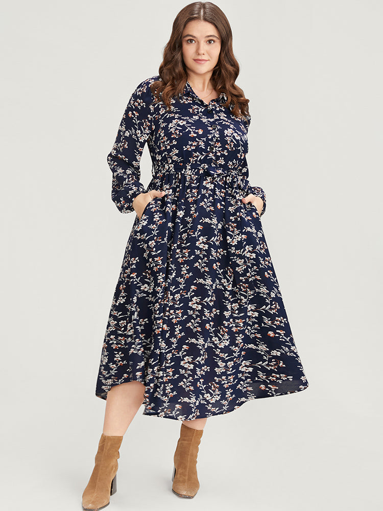 Ditsy Floral Pocket Lantern Sleeve Belted Shirt Collar Dress