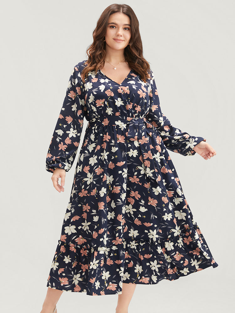 Floral Printed Lantern Sleeve Pocket Belted Surplice Neck Dress