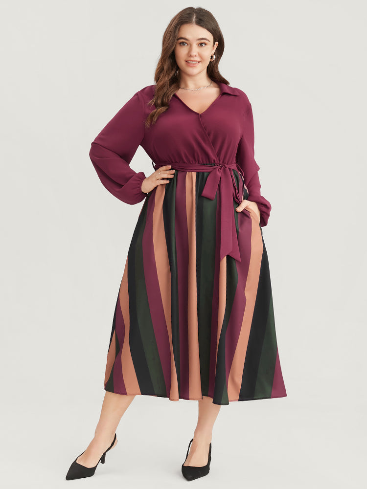 Solid Patchwork Wrap Pocket Lantern Sleeve Belted Striped Dress