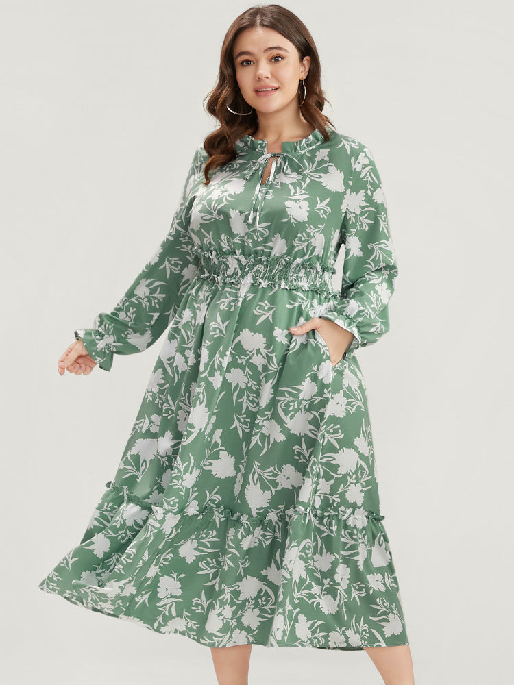 Floral Lantern Sleeve Shirred Pocket Tie Neck Ruffle Dress