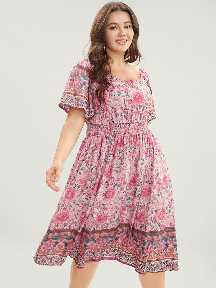 Bandana Print Square Neck Pocket Ruffles Shirred Dress