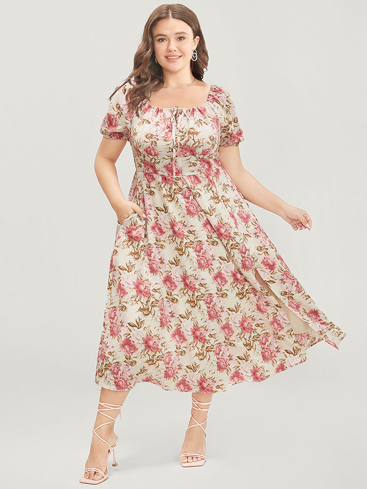 Floral Square Neck Keyhole Ties Pocket Puff Sleeve Split Flutter Dress